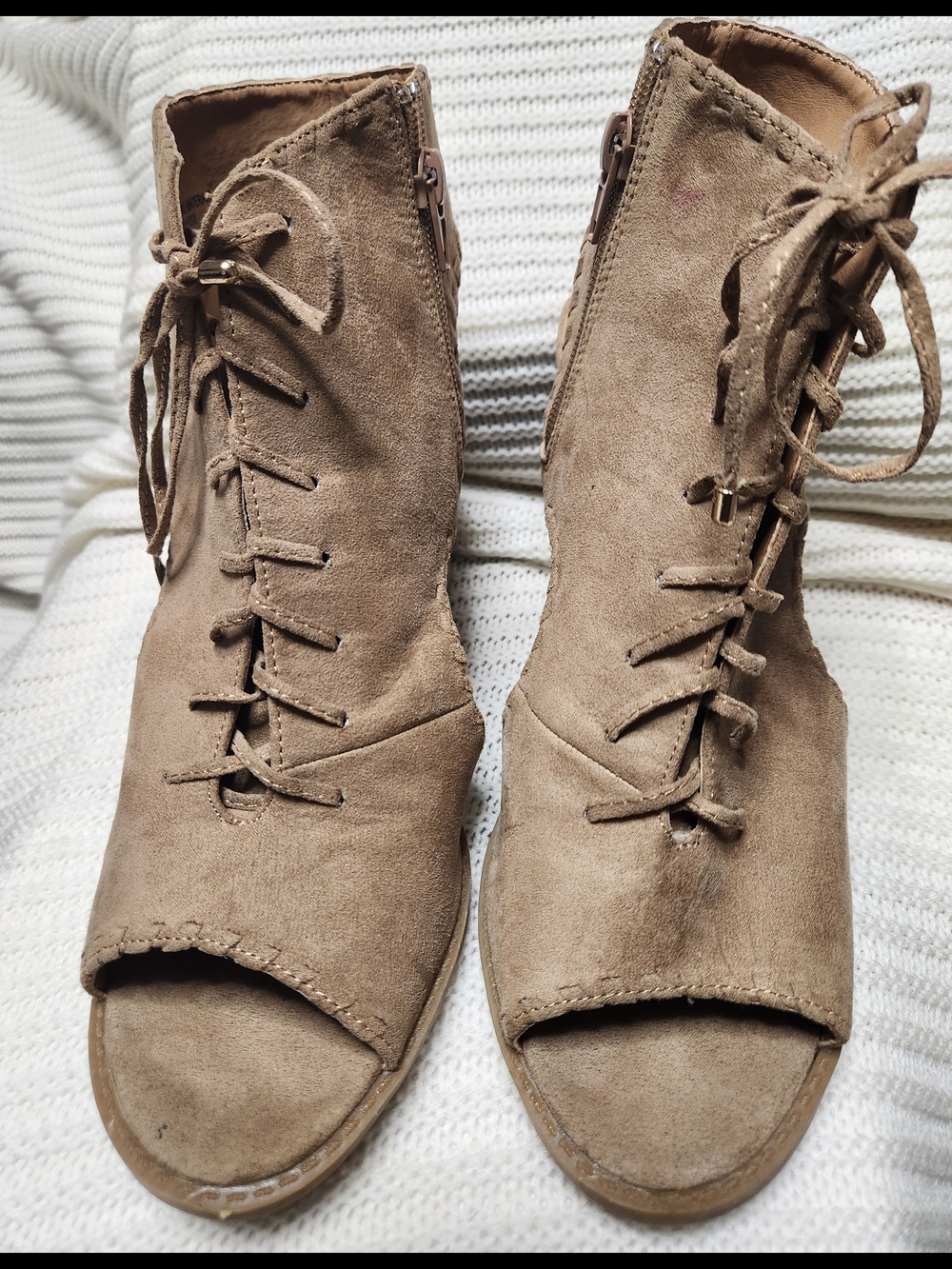 Suede Lace-Up Peep Toe Ankle Boots - Taupe